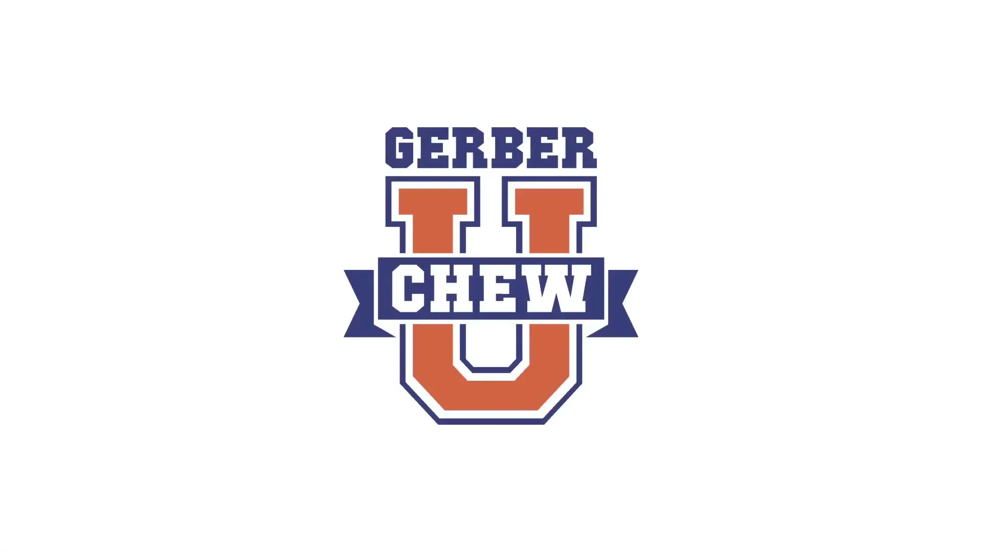 The Gerber Chew U logo is displayed prominently on a white background, with a baby in a high chair faintly visible behind it.