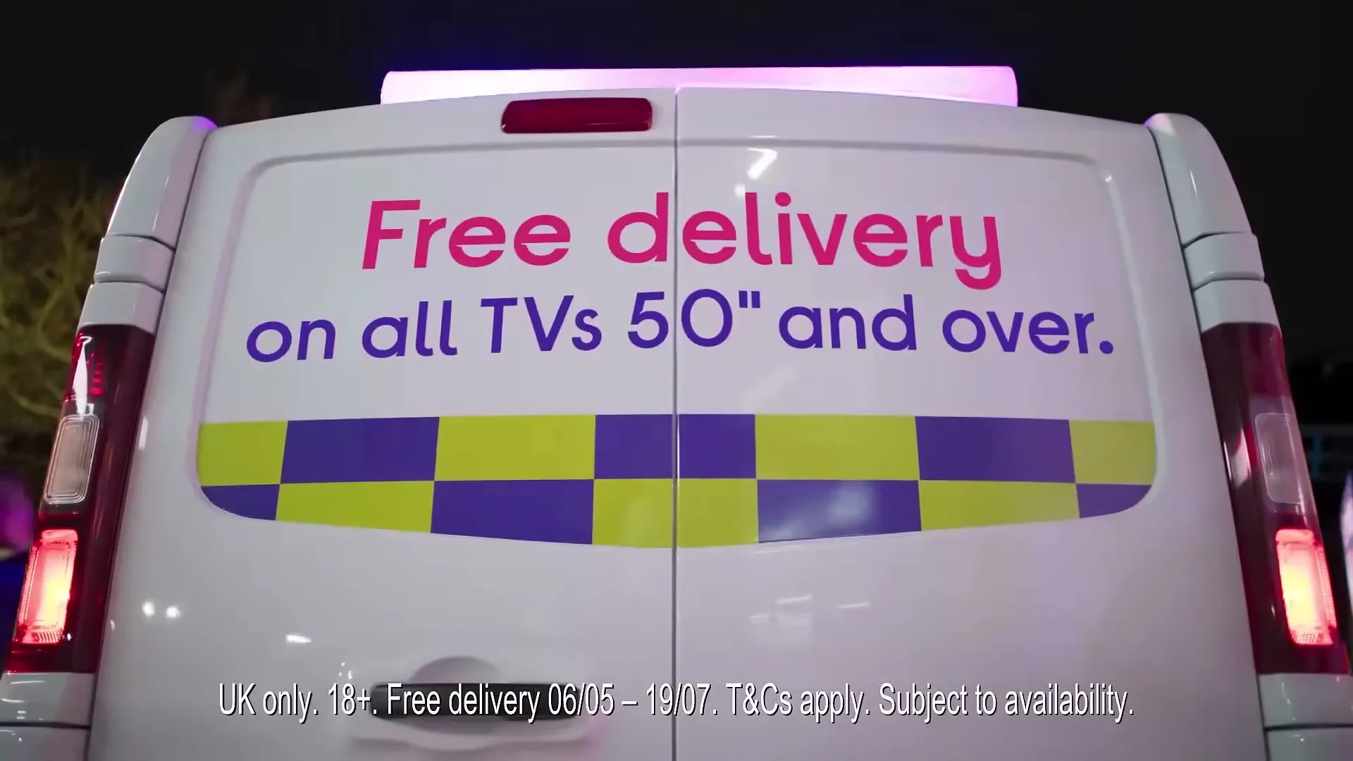 The back of a white delivery van with its doors open, revealing boxes inside, then the doors close to show text about free delivery.