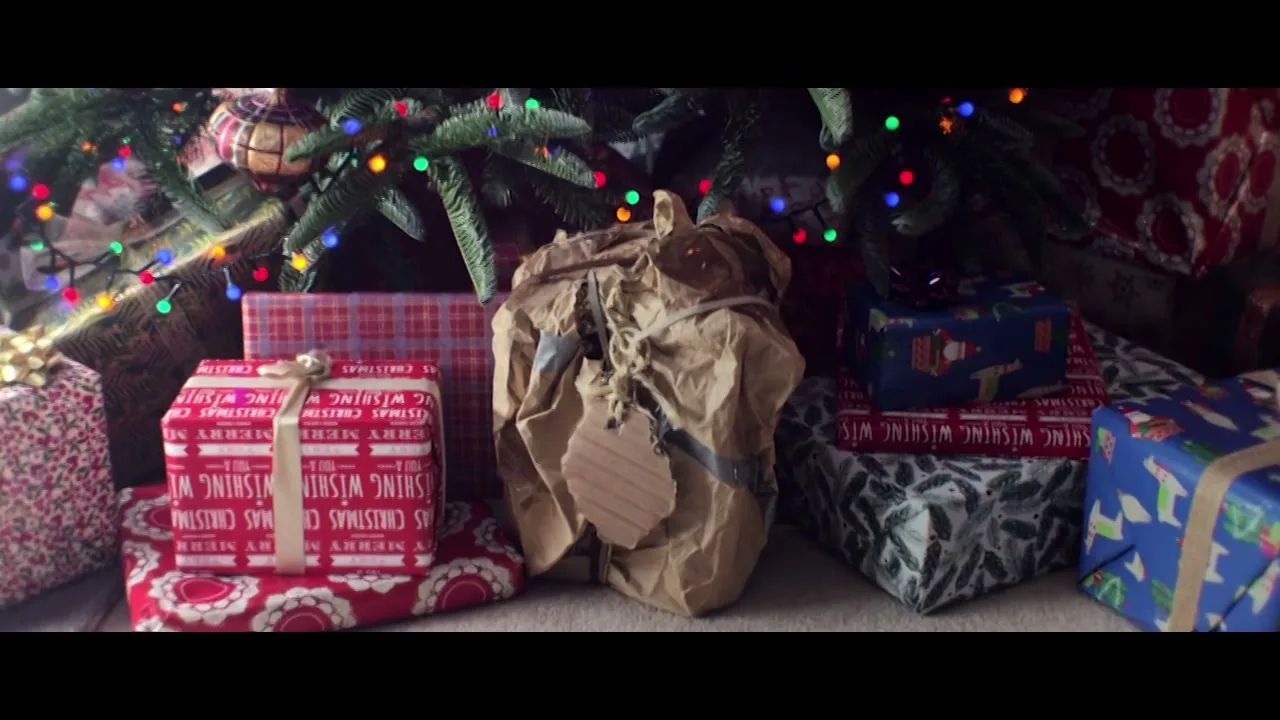 A collection of wrapped Christmas presents sits under a decorated Christmas tree, with one gift wrapped in brown paper.