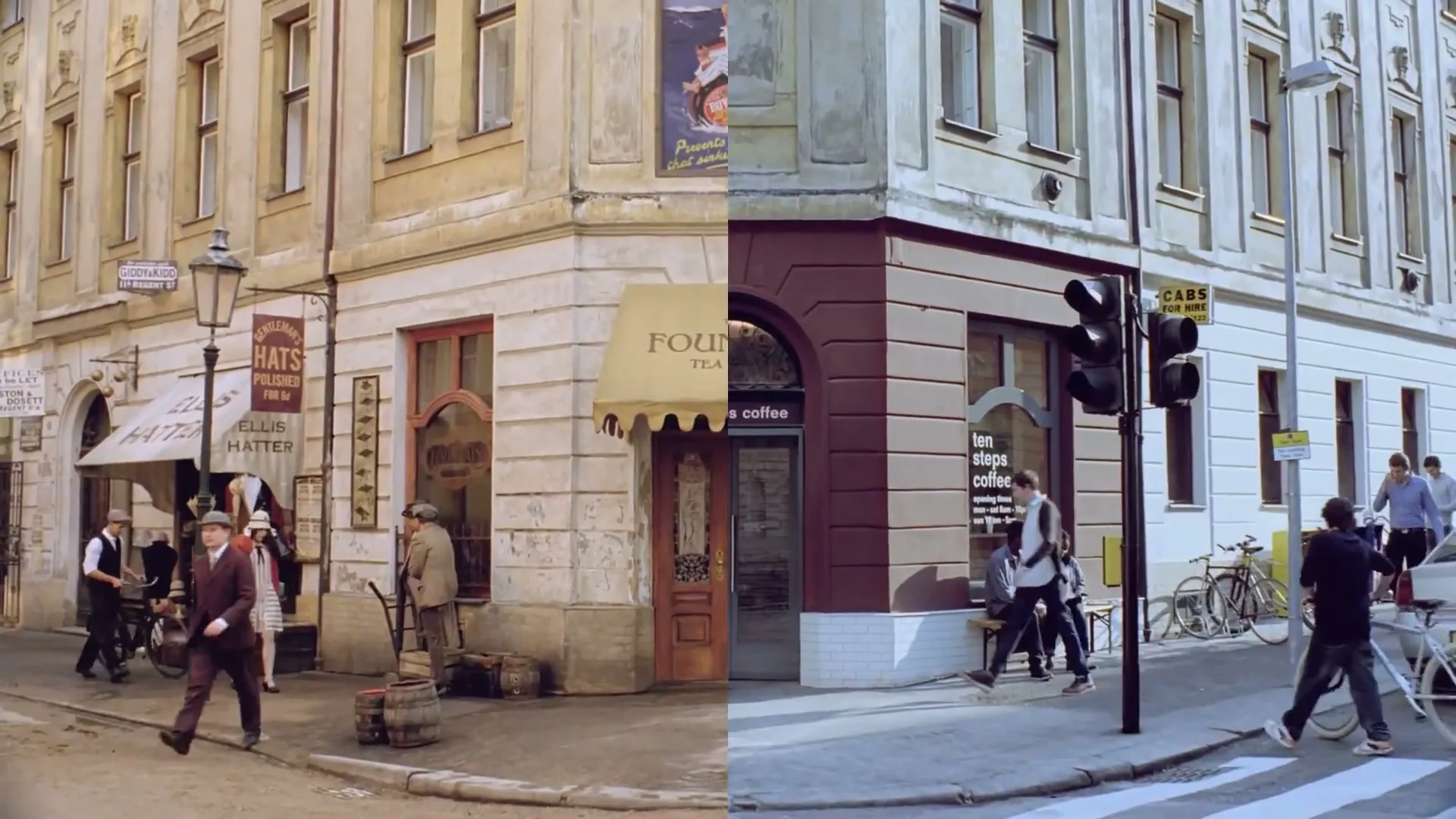 A split screen shows a street corner, with the left side depicting a 1960s scene and the right side showing a modern-day scene, as people and vehicles pass by.