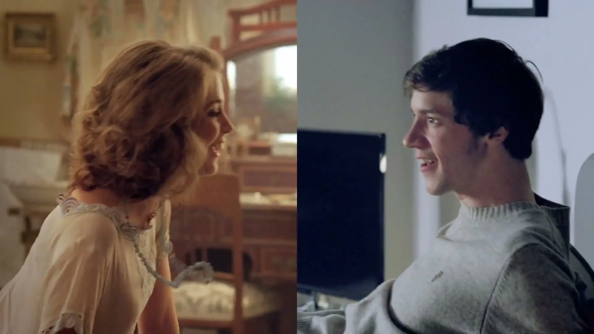 A split screen shows a woman in a vintage dress and a man in a modern sweater, both smiling and looking towards each other, in separate rooms.