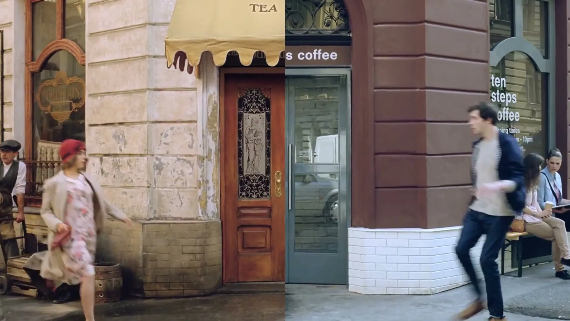 A split screen shows a woman in 1920s attire walking left and a man in modern clothes walking right, meeting in the middle of a building facade.