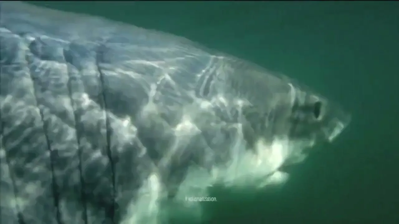 A great white shark swims underwater, its grey and white body visible through the green water, with sunlight dappling its back.