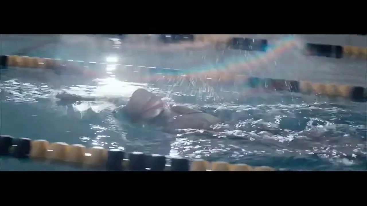 A swimmer with a cap and goggles is seen from the side, swimming freestyle in a lane with water splashing around them in an indoor pool.