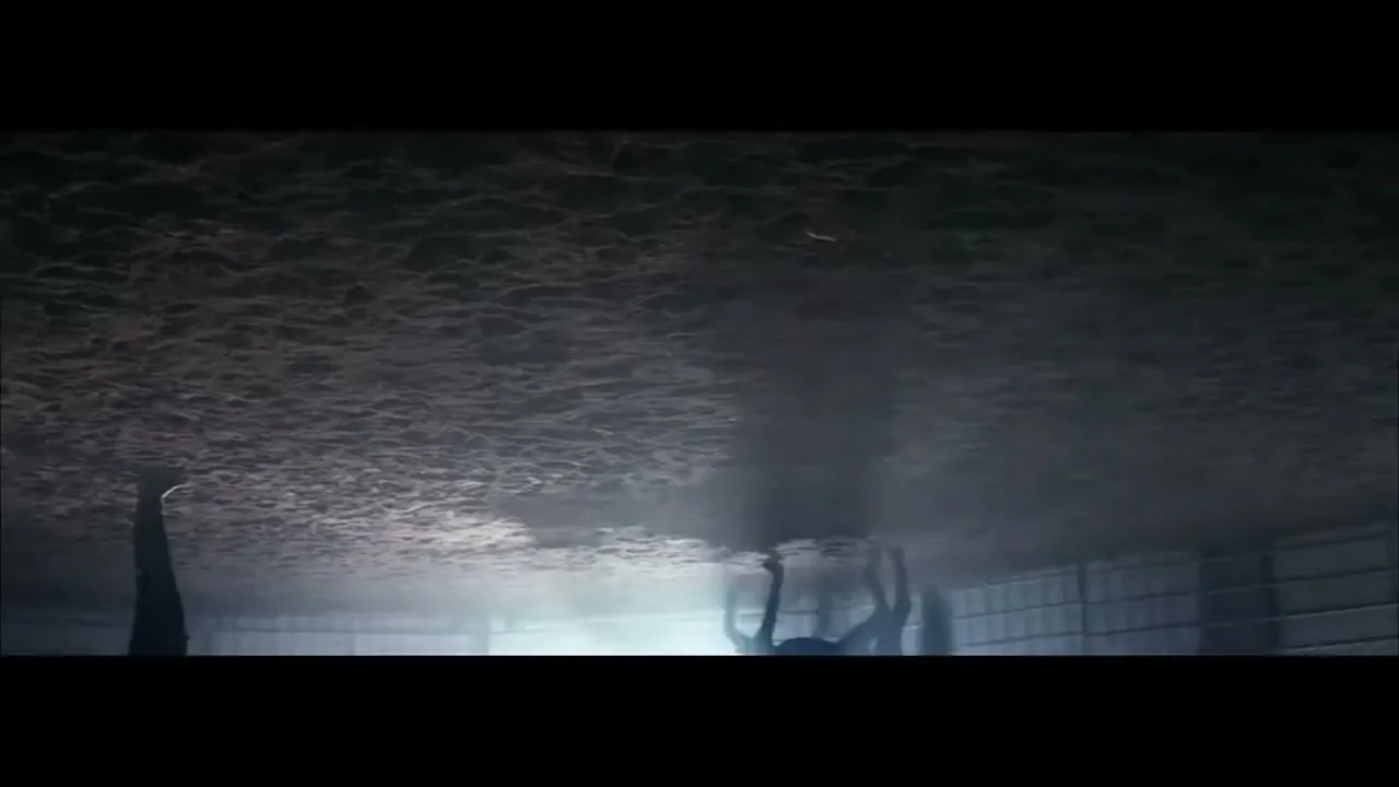 A person's reflection is visible in a dark, rippling body of water, with light shining from below.