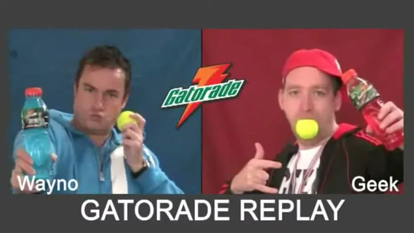 Two men, Wayno and Geek, hold Gatorade bottles and tennis balls in their mouths, making funny faces in a split screen with a Gatorade logo.