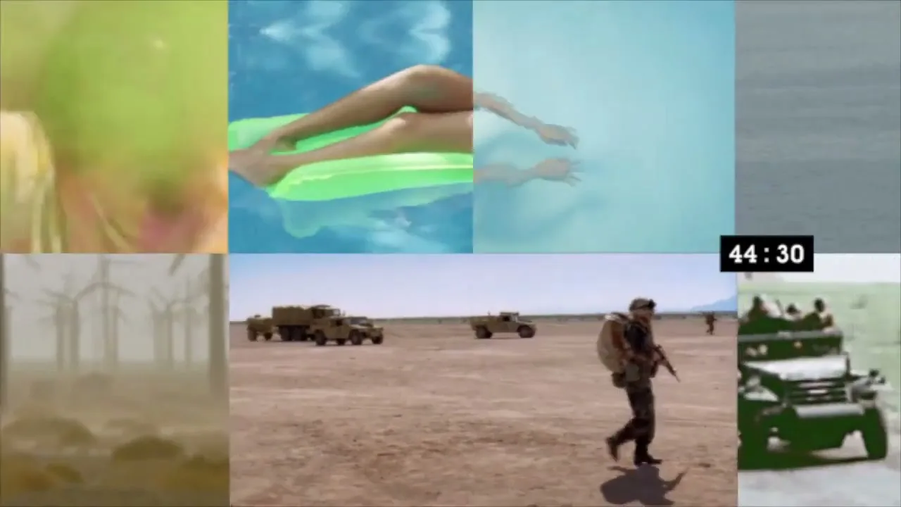 A split screen shows a montage of various clips, including a chick walking, a baby eating, children playing, people running, and couples embracing, all set to a melodic tune.