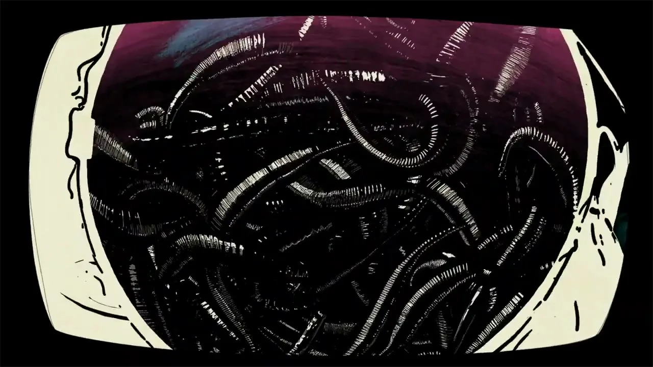 A stylized, abstract animation shows a mass of black, worm-like tentacles writhing within a dark, oval-shaped void, framed by a light border.