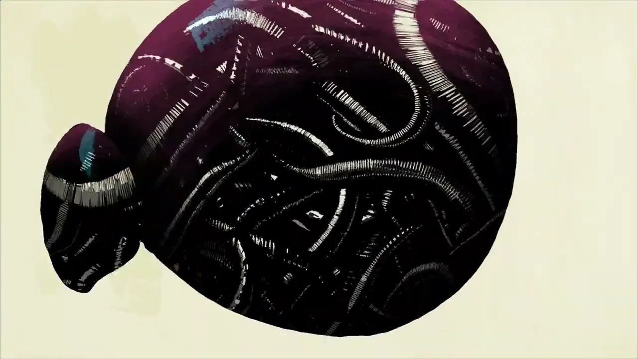 A dark, textured, abstract shape with white lines and hints of purple and blue rotates against a light yellow background, resembling an organic form.