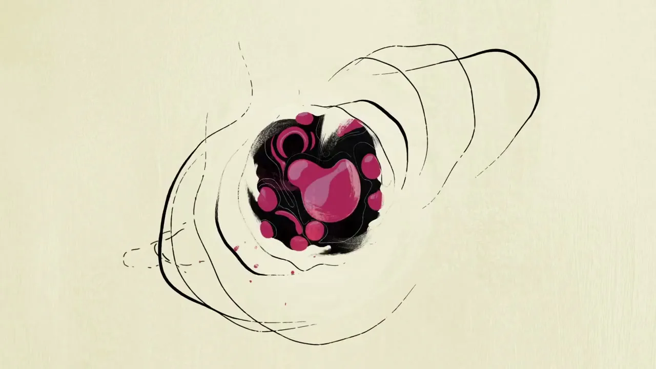 A black blob with a pink center transforms into a woman, then into a man sitting at a desk, all against a cream background.