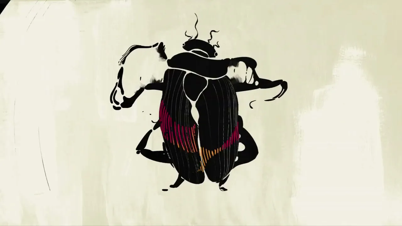 A black beetle-like creature with colorful stripes on its back is shown in a stylized animation, transforming and moving on a light background.