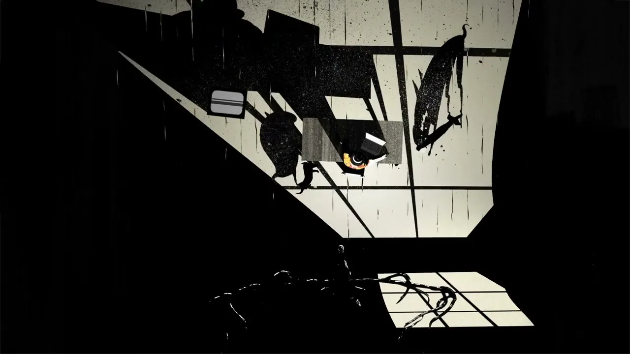 A stylized animation shows a dark room with a window, as a creature transforms and the room becomes chaotic, with waves crashing.