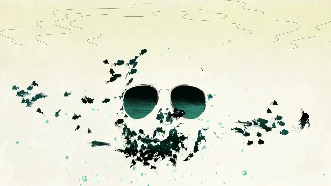 A stylized animation shows a detective's hat and sunglasses floating in water, then transforming into a skull, then a woman's face with roses for eyes.