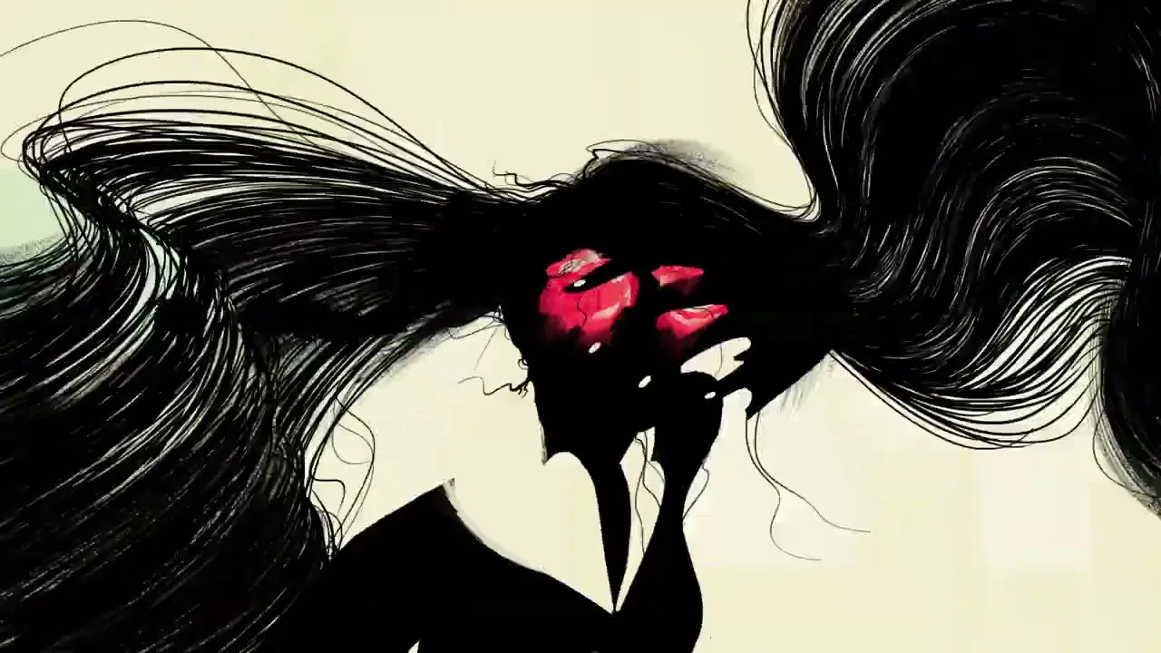 A stylized animated woman with long black hair and red eyes looks up, her hair flowing around her.