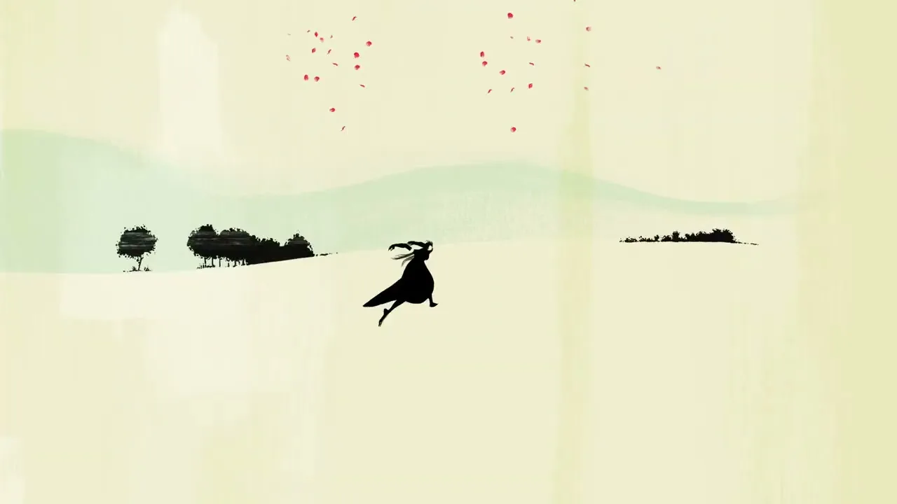 A stylized, animated female figure in black, with long flowing hair, dances gracefully amidst falling red petals in a serene, minimalist landscape.