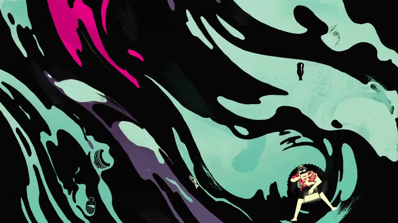 An animated eye with a turquoise iris and pink eyelids opens, revealing a swirling vortex of black and teal, then transforms into a stylized head with sunglasses and a cigarette, which then morphs into a red, apple-like shape with a green visor.