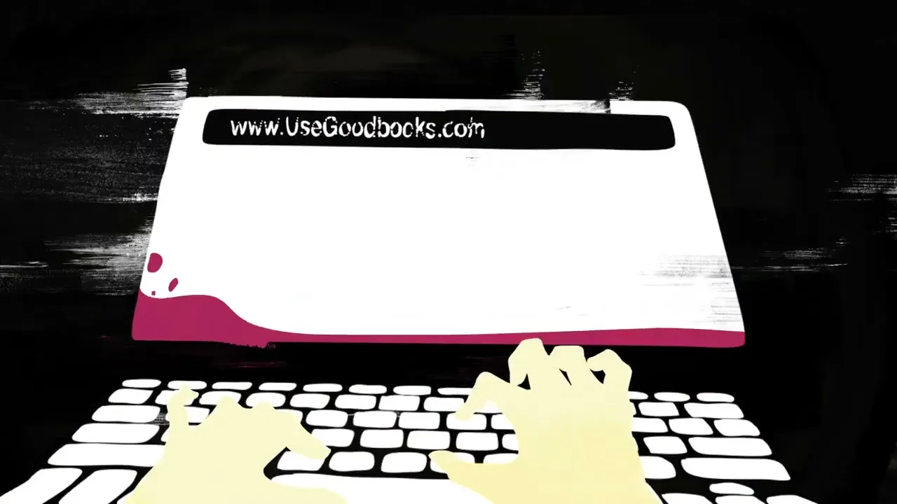 Stylized animation shows hands typing on a laptop keyboard, with a coffee cup nearby, as the screen displays a website address.