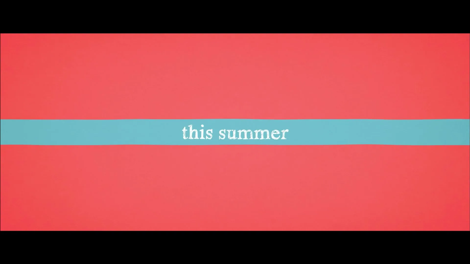 A red background with a horizontal blue stripe across the middle, featuring the words "this summer" in white text.