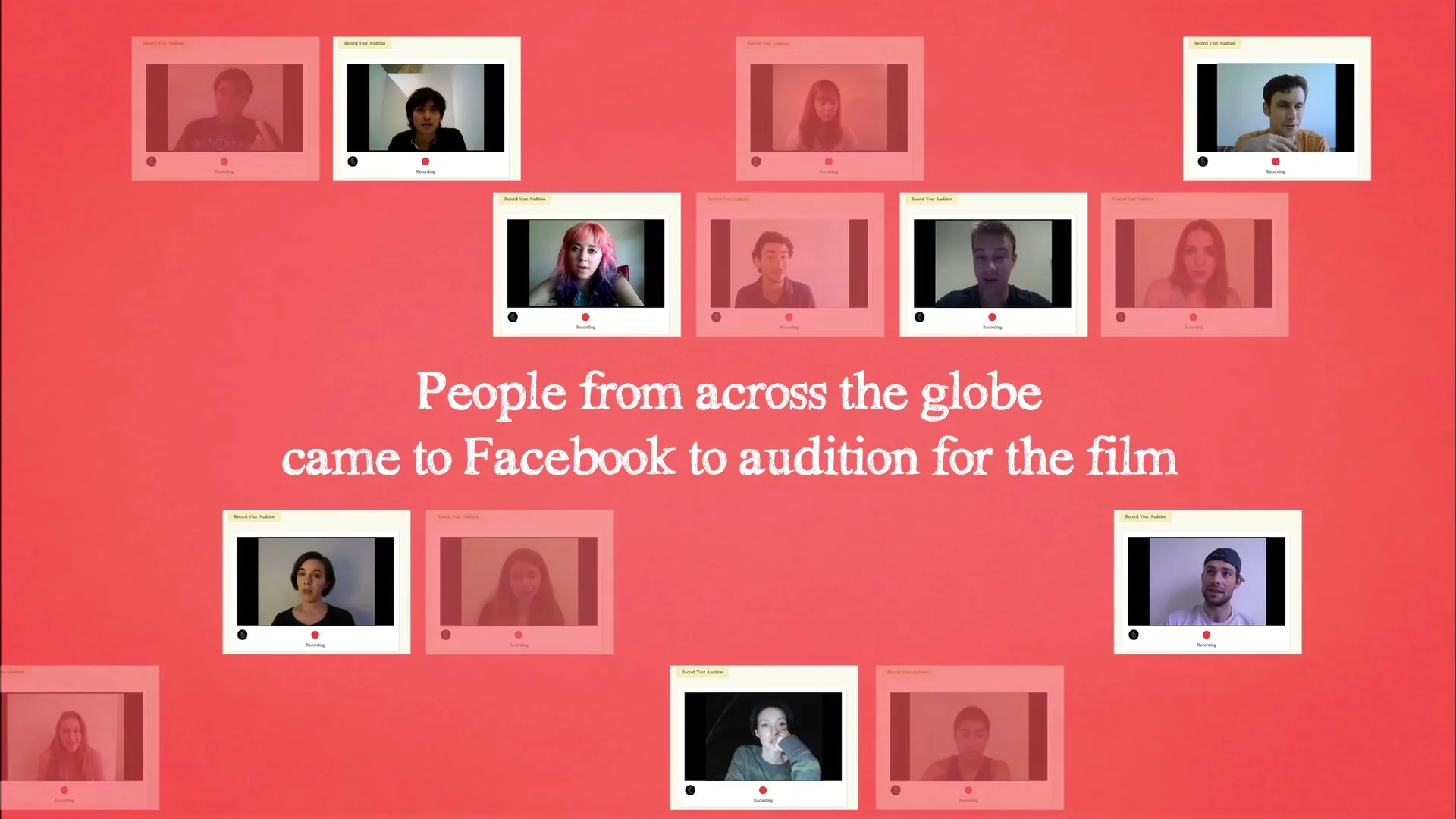 A red background with white text in the center, surrounded by multiple small video frames of diverse people auditioning for a film.