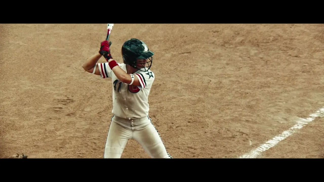 A female baseball player in a white uniform, green helmet, and red gloves stands at home plate, holding a bat, ready to swing on a dirt field.