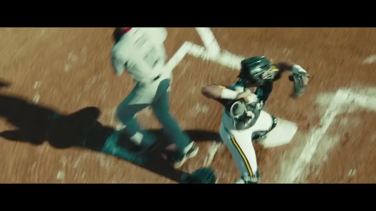 An overhead shot shows a baseball catcher in black and yellow uniform, and a batter in white and red uniform, running on a dirt field during a game.