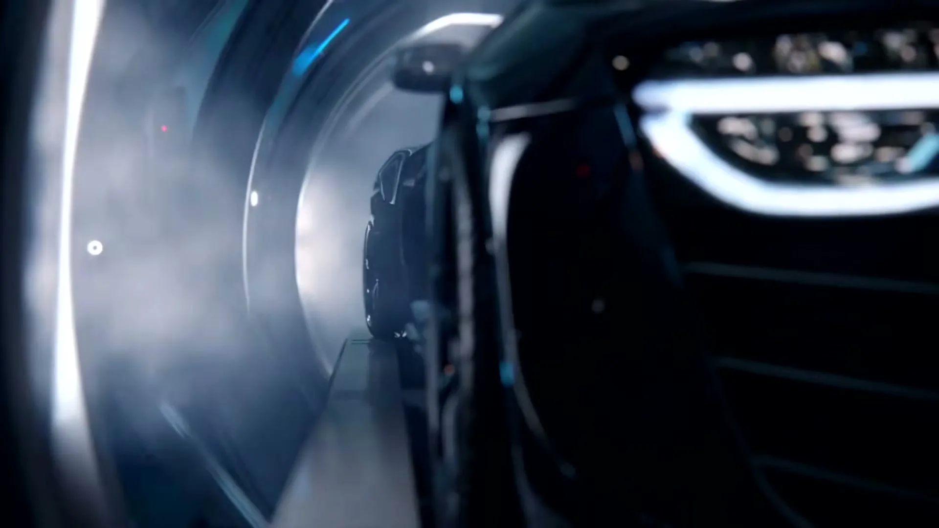 A dark, sleek car with bright LED headlights moves through a futuristic, smoky tunnel, emphasizing its modern design and speed.