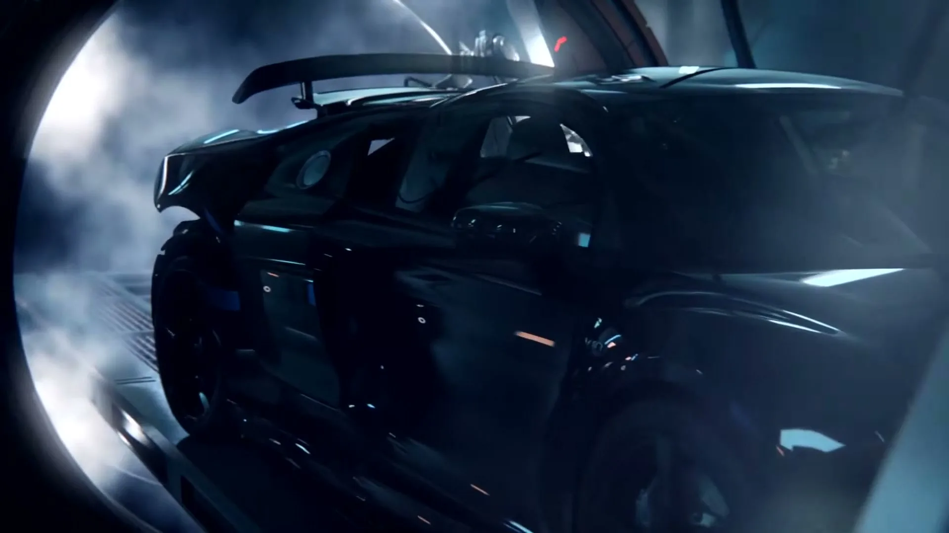 A dark, sleek sports car with a spoiler is seen from the side, emerging from a smoky, futuristic tunnel.