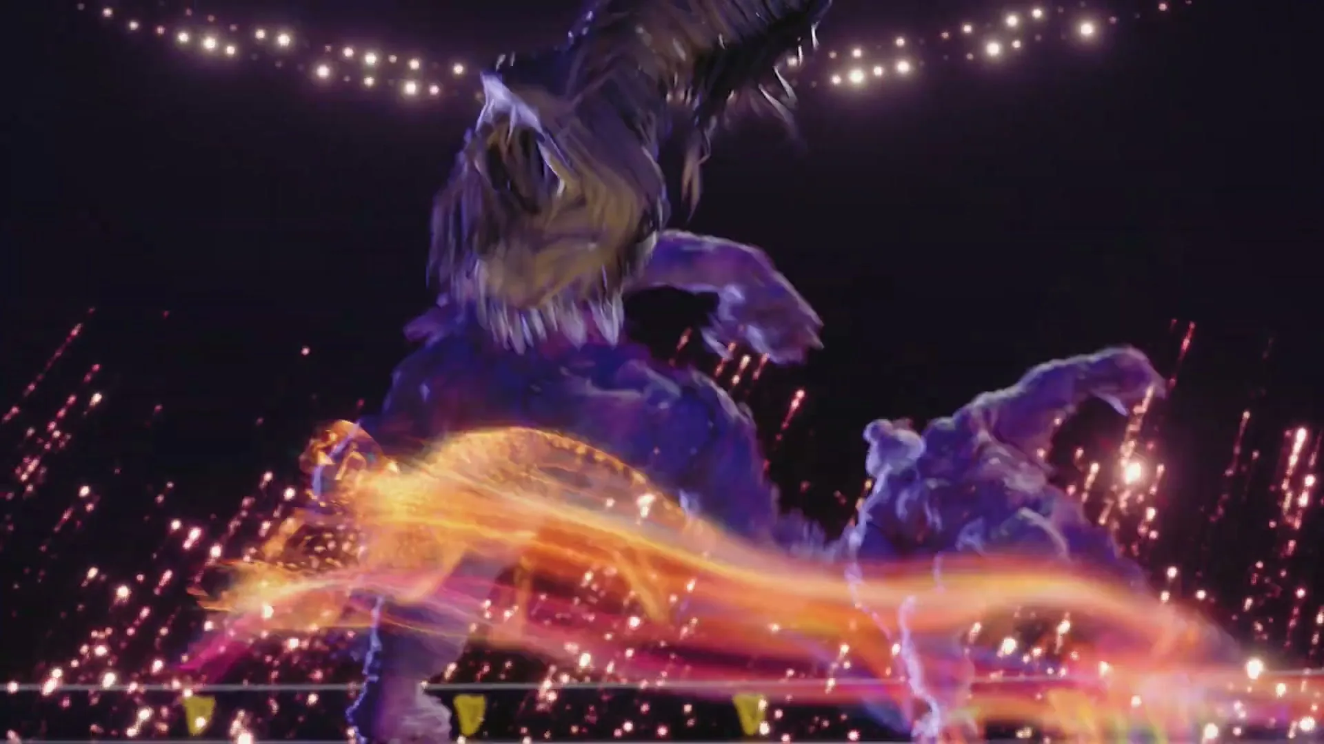 Two large, dark, monster-like creatures with glowing eyes and colorful energy trails fight in a dark arena with sparkling lights.