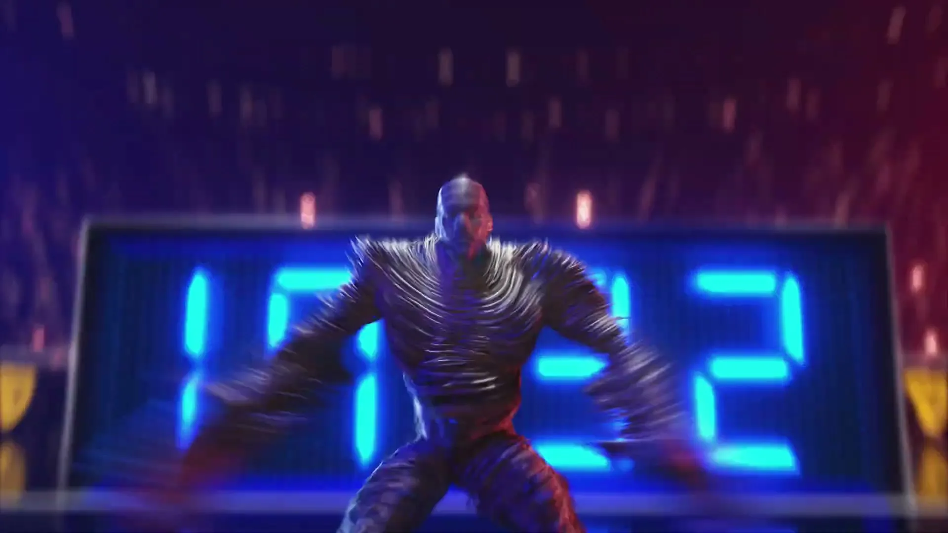A muscular, dark-skinned CG character with a textured body emerges from a digital clock displaying "17:10" in a dark, sparkling arena.