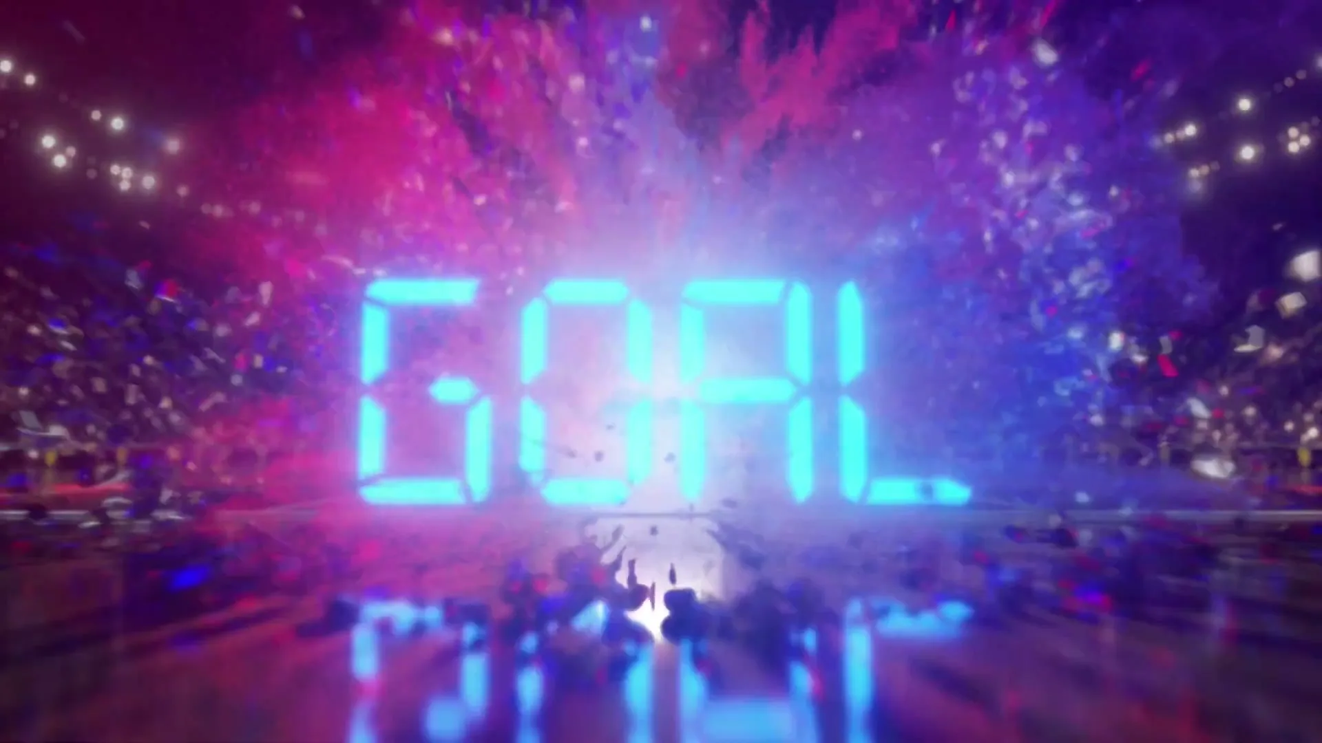 The word "GOAL" appears in bright blue digital letters on a dark, reflective surface, surrounded by red and blue smoke and confetti in a stadium.