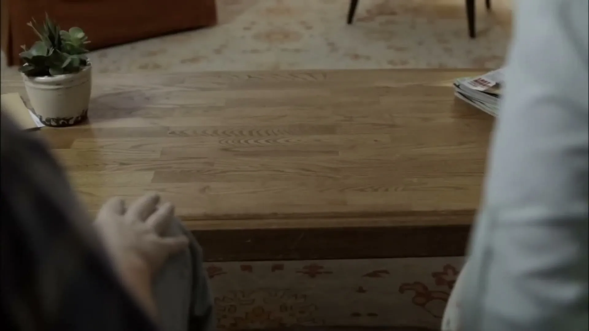 A low-angle shot shows a wooden coffee table with a potted plant and magazines, as two people sit on a rug in a living room.