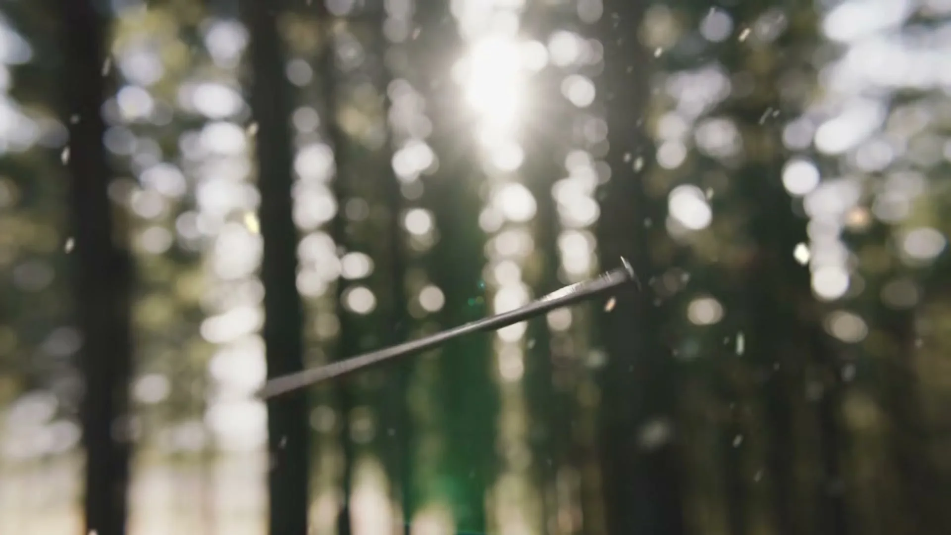 A metal nail spins and falls through the air in a sun-drenched forest, with bokeh lights in the background.