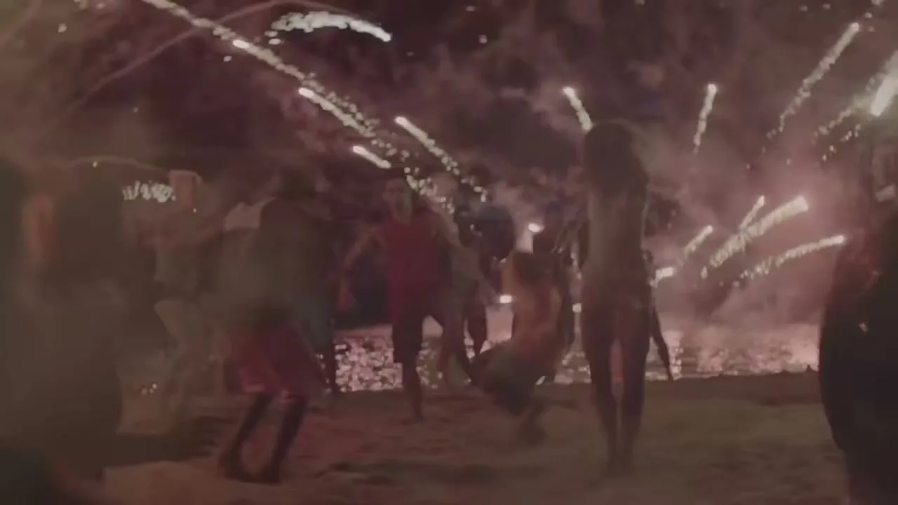 A group of people dance on a beach at night, illuminated by fireworks exploding in the background.