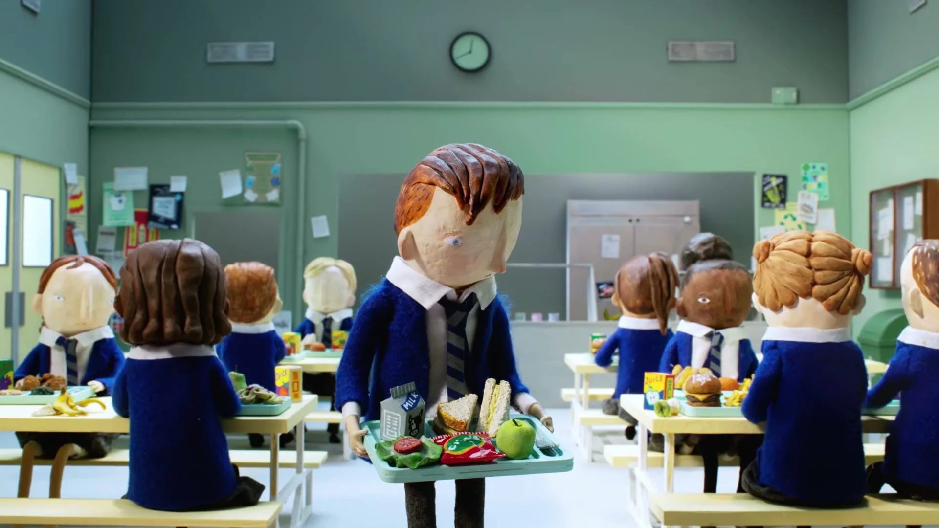 A stop-motion animated boy with brown hair and a blue school uniform carries a lunch tray through a busy school cafeteria, surrounded by other students.