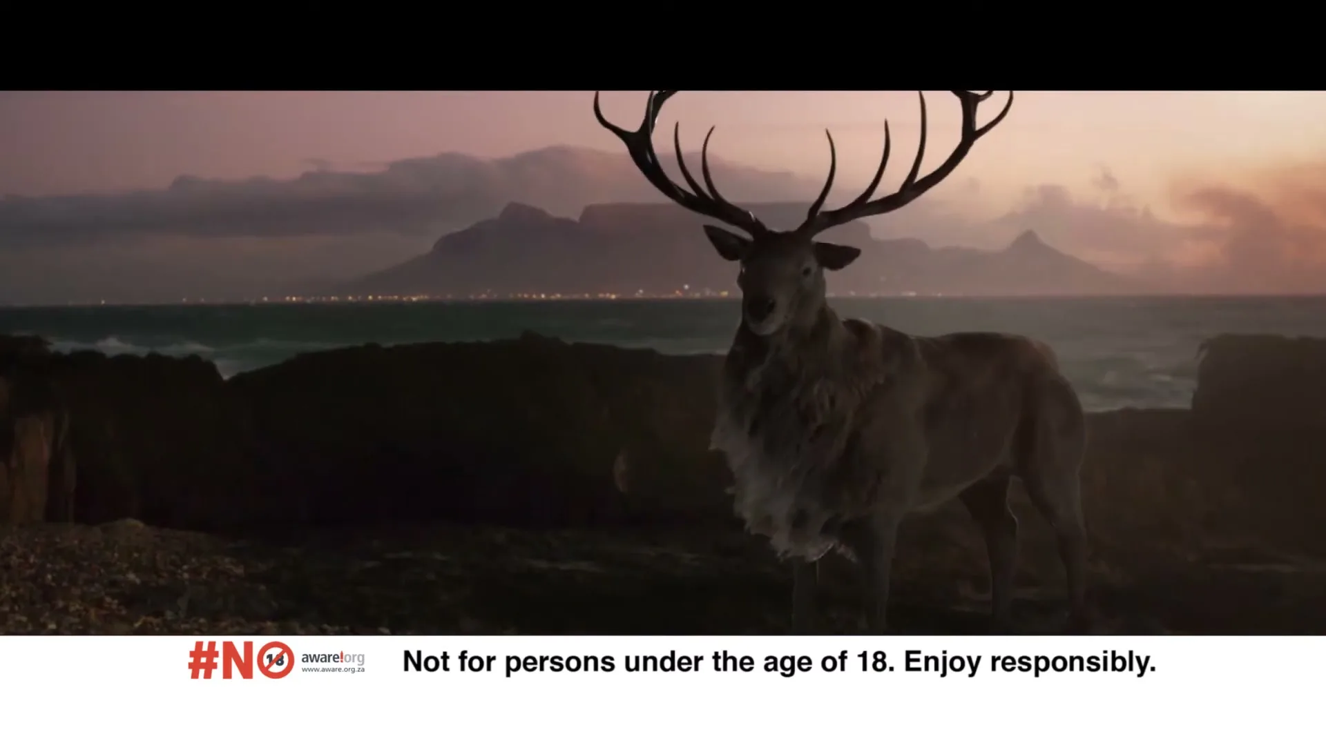 A majestic stag with large antlers stands on a rocky coastline, looking towards the camera, with a city skyline and mountains in the distance under a dramatic sky.