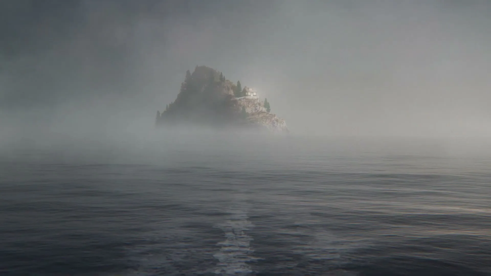 A small, isolated island with a house and trees on top is shrouded in mist, surrounded by dark, rippling water.