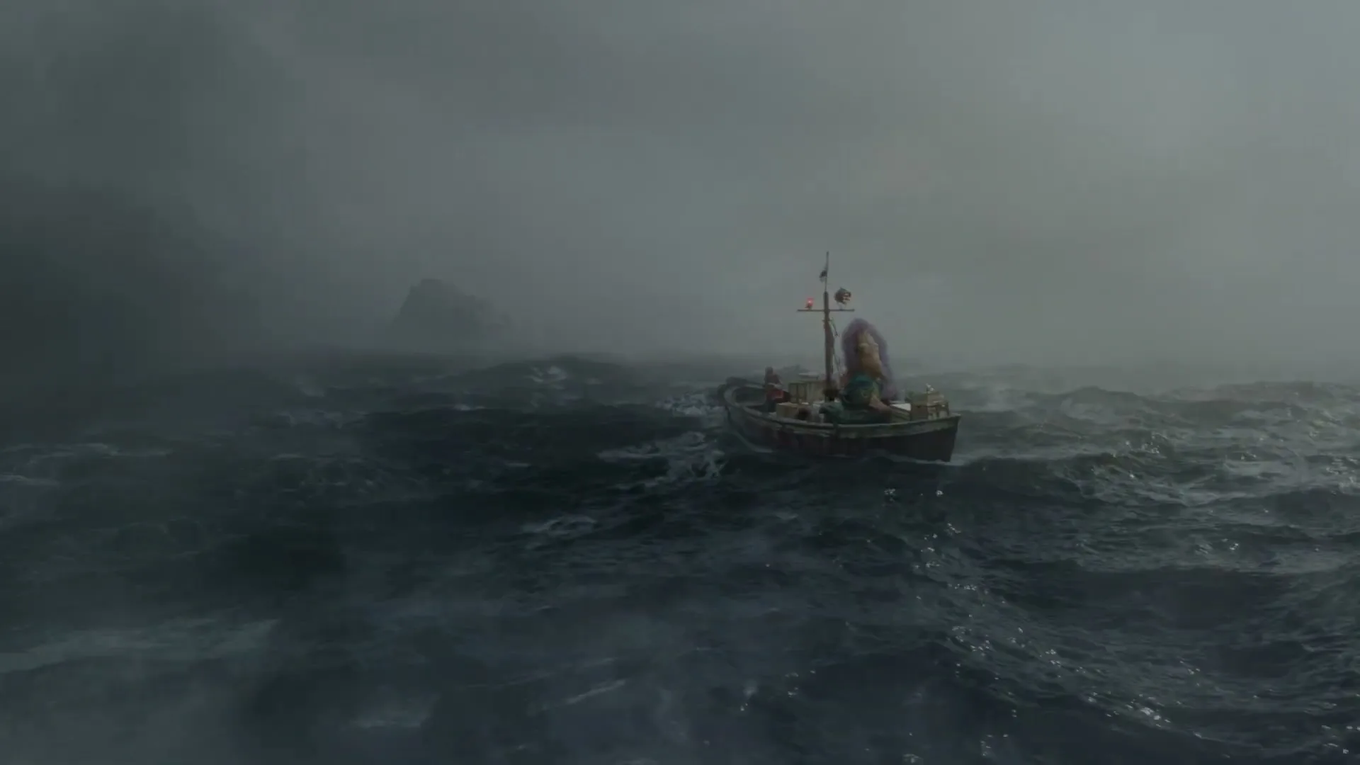 A small boat with two people and a large, purple-haired creature navigates rough, dark waters under a stormy, grey sky with a distant island.