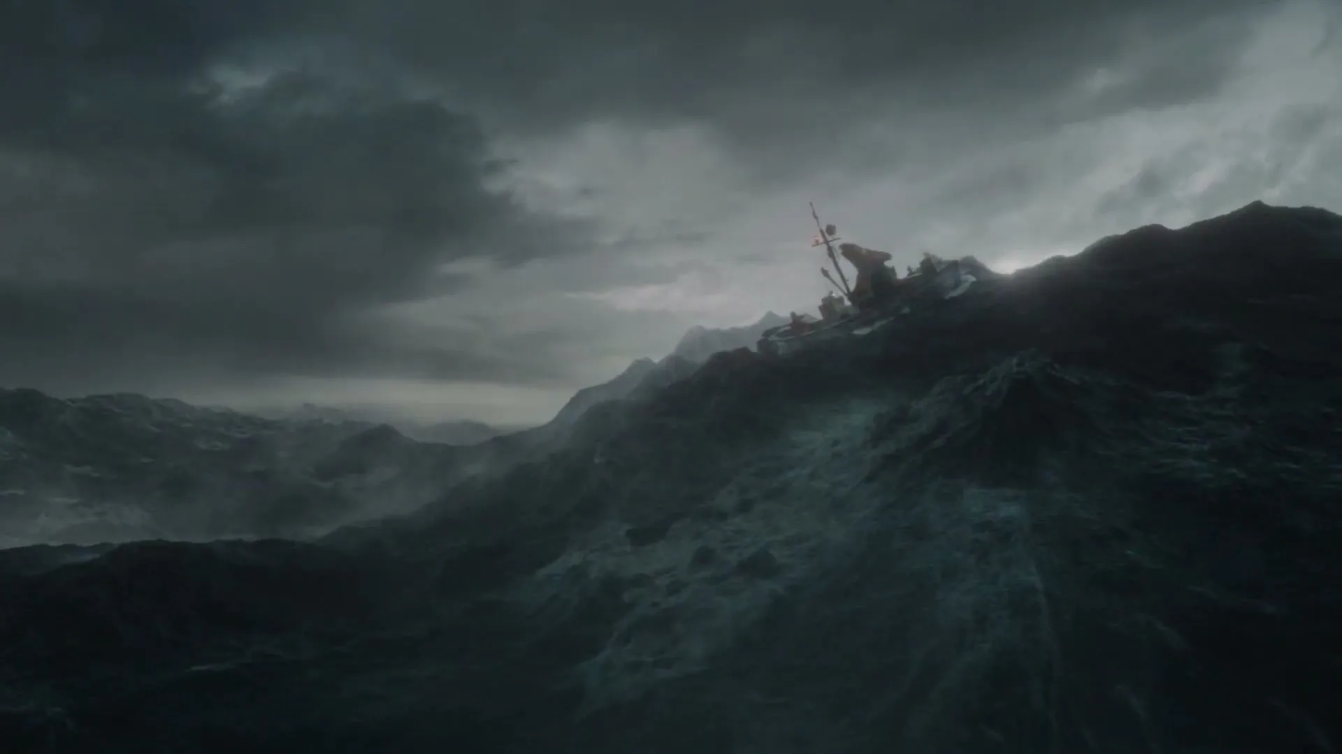 A small boat with a red light on its mast struggles against massive, dark waves under a stormy, overcast sky in the open ocean.