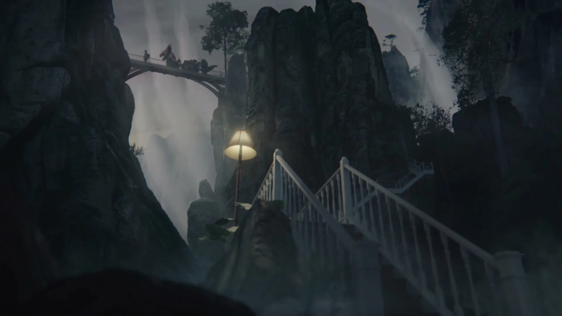 A surreal landscape features a glowing lamp and white staircase on a rocky cliff, with a bridge and waterfalls in the background.