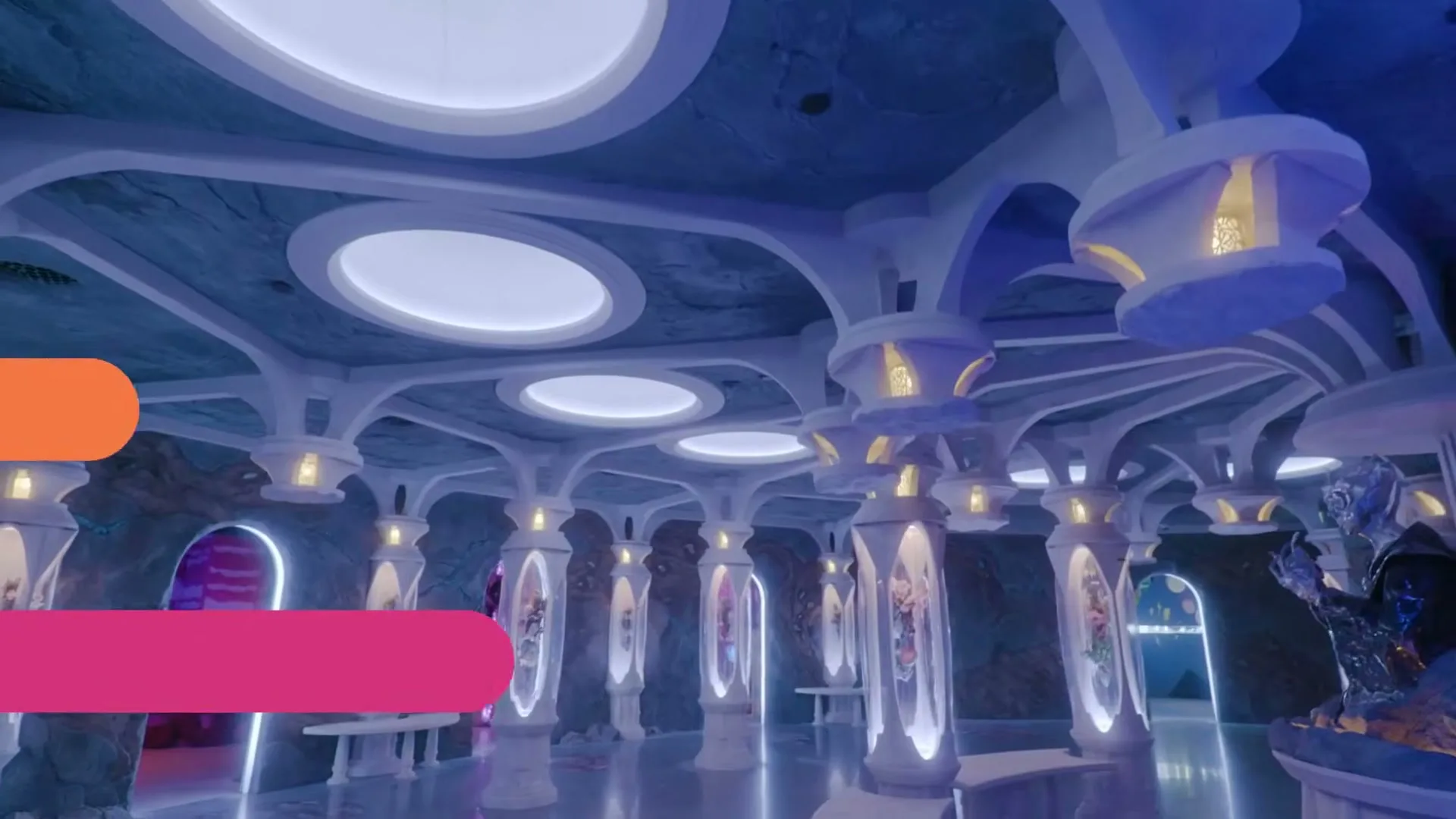 A wide shot of a futuristic, brightly lit, purple-hued room with many pillars and glowing displays, with text overlays.