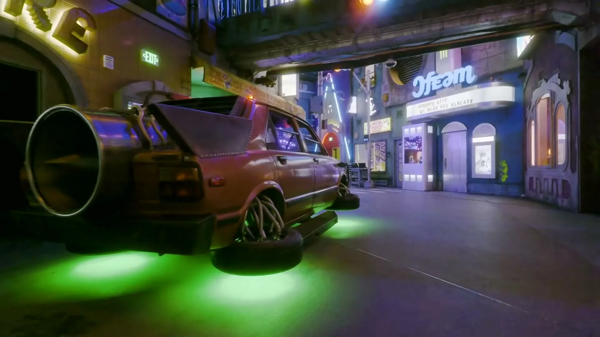 A custom-built car with a jet engine and green underglow hovers in a futuristic, neon-lit alleyway, with buildings and signs in the background.