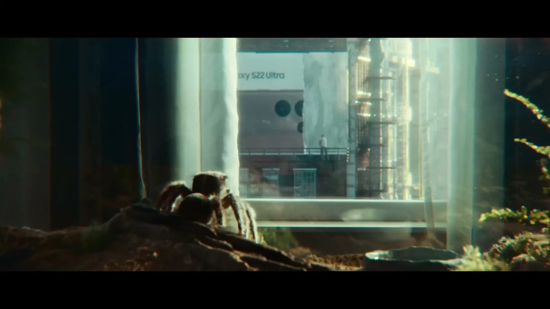 A tarantula sits in its terrarium, looking out a window at a large billboard for the Samsung Galaxy S22 Ultra.