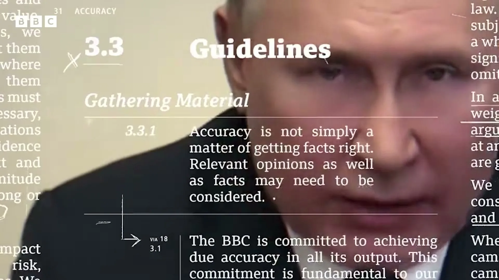 A man in a suit speaks to the camera, with text overlays about "Guidelines" and "Accuracy" from the BBC editorial policy.
