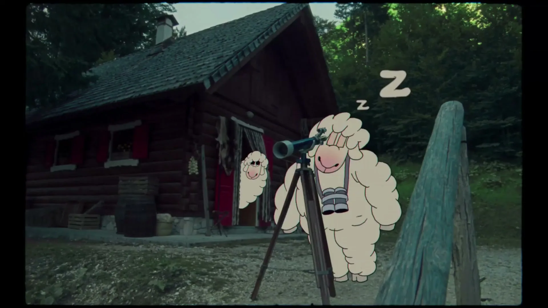 Two animated sheep, one large and one small, stand next to a telescope outside a rustic wooden cabin in a forest, with the larger sheep falling asleep.