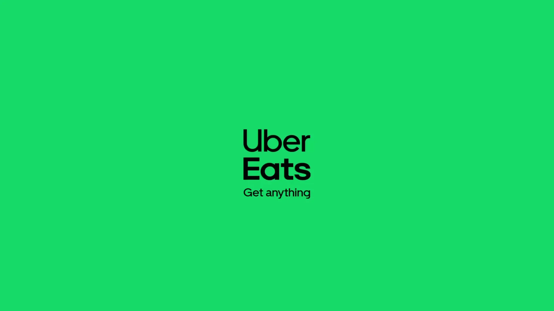 The Uber Eats logo and tagline "Get anything" appear centered on a bright green background, with a Samsung logo in the top right corner.