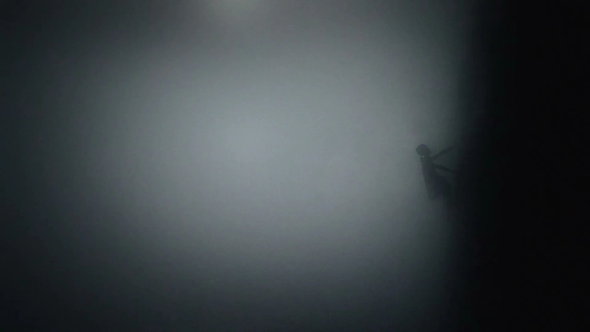 A dark, silhouetted figure is barely visible through thick, grey smoke, moving from right to left in an ominous, hazy environment.