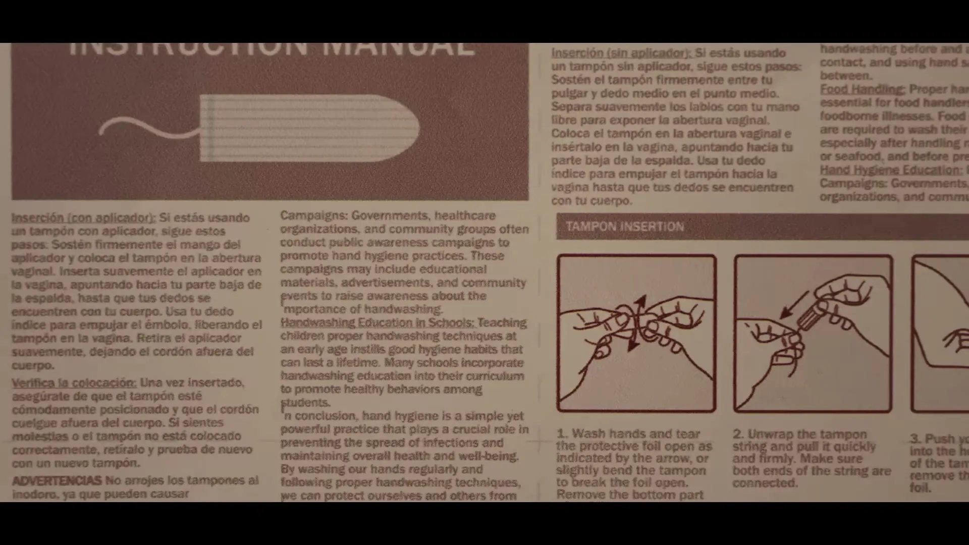 A close-up shot of a tampon instruction manual with diagrams and text in multiple languages, emphasizing the product's ergonomics and proper usage.