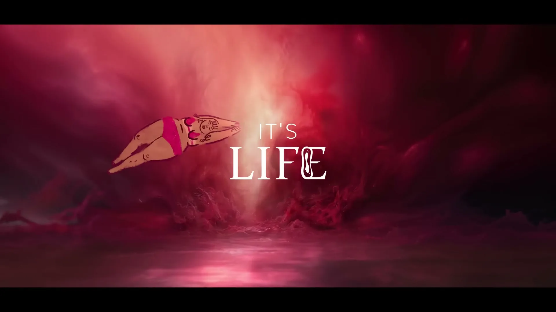 A stylized animated woman in a pink bikini swims through a dark red, cloudy, and reflective environment with the text "IT'S LIFE" in the center.