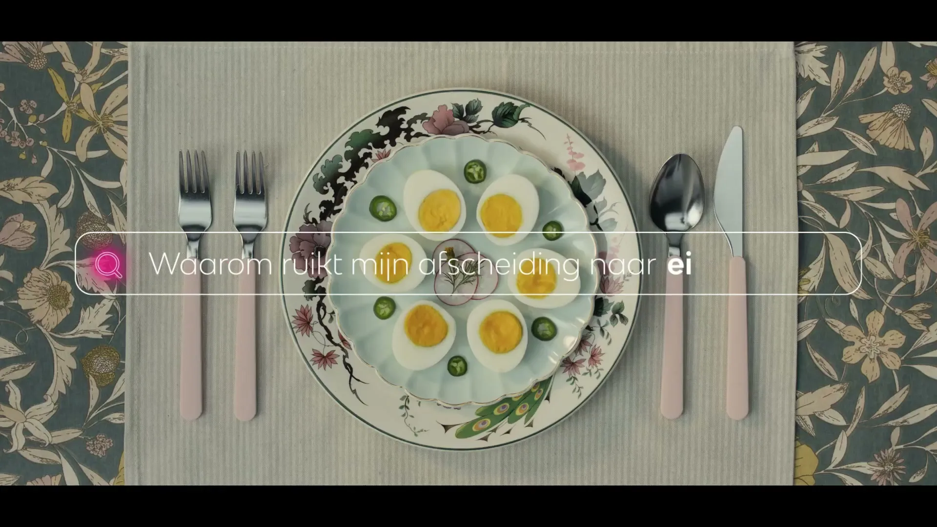 A top-down shot shows a plate of deviled eggs with cutlery on a patterned tablecloth, with a search bar overlayed on top.