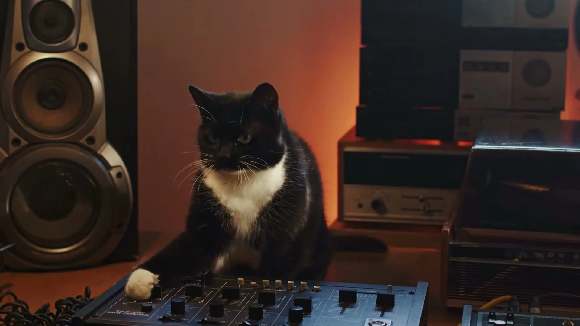 A black and white cat with green eyes sits at a DJ mixer, looking around a room with speakers and other audio equipment.